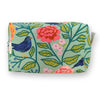 Floral cosmetic bag with bird design.