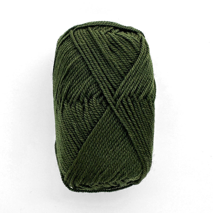 Dark green skein of yarn on a white background