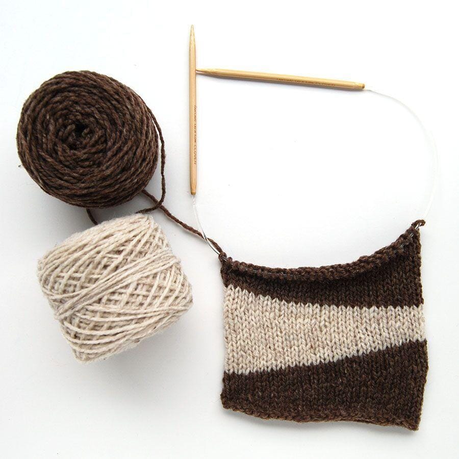 Short row knitting sample with brown and tan yarn